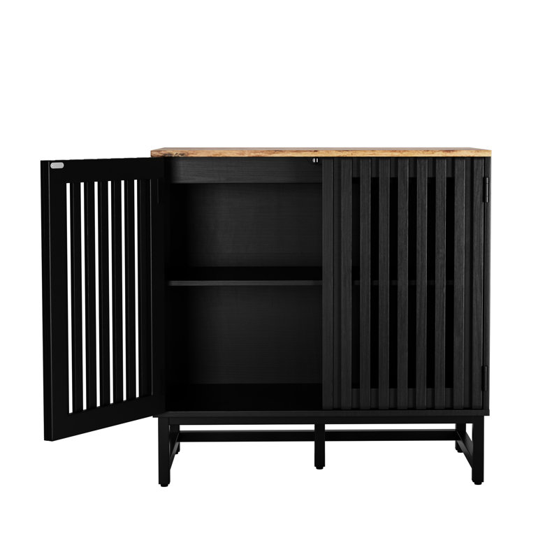 Black Cabinet With Grille Striped Door, And Metal Leg, Modern Design For Various Rooms, Ample Storage Space Style Metal, Spacious Bedroom, Living Room, Multipurpose