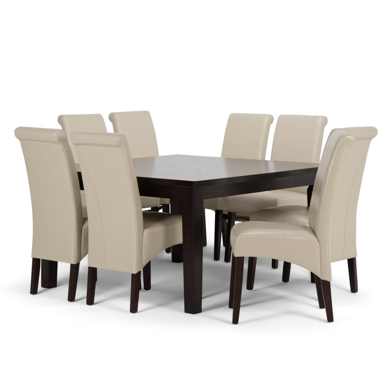 Avalon 7-Piece Contemporary Dining Set with Solid Hardwood Table and 6 Upholstered Chairs, Satin Cream