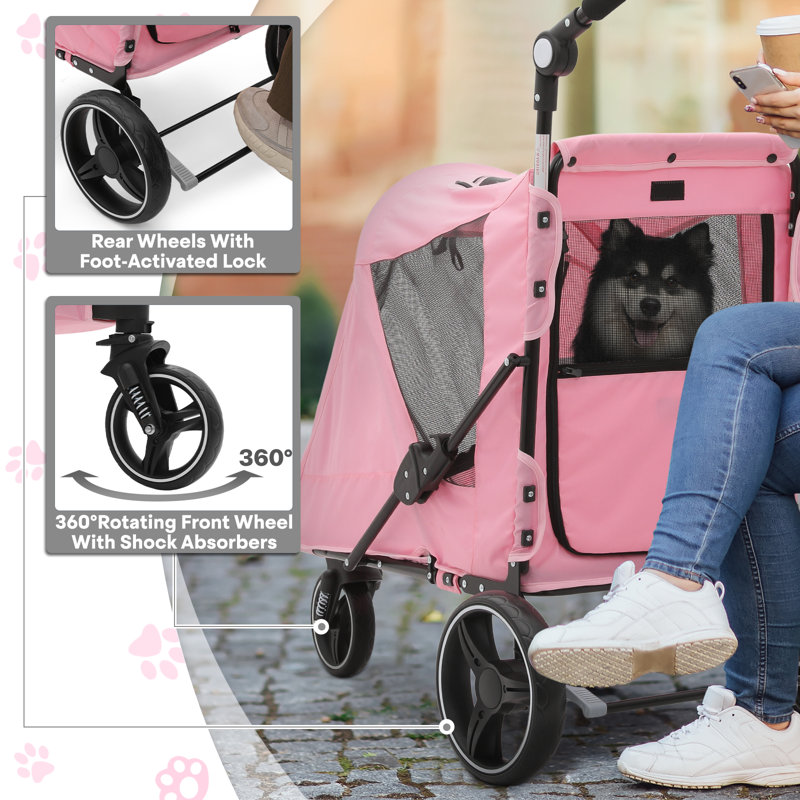 Large Gray Steel Frame Dog Stroller with Rubber Wheels