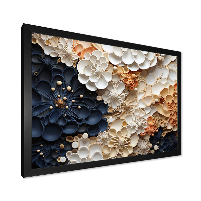 Collage de fleurs blanches et bleues corail II - impression, Cadre simple noir, H 12 po x l 20 po x P 1 po