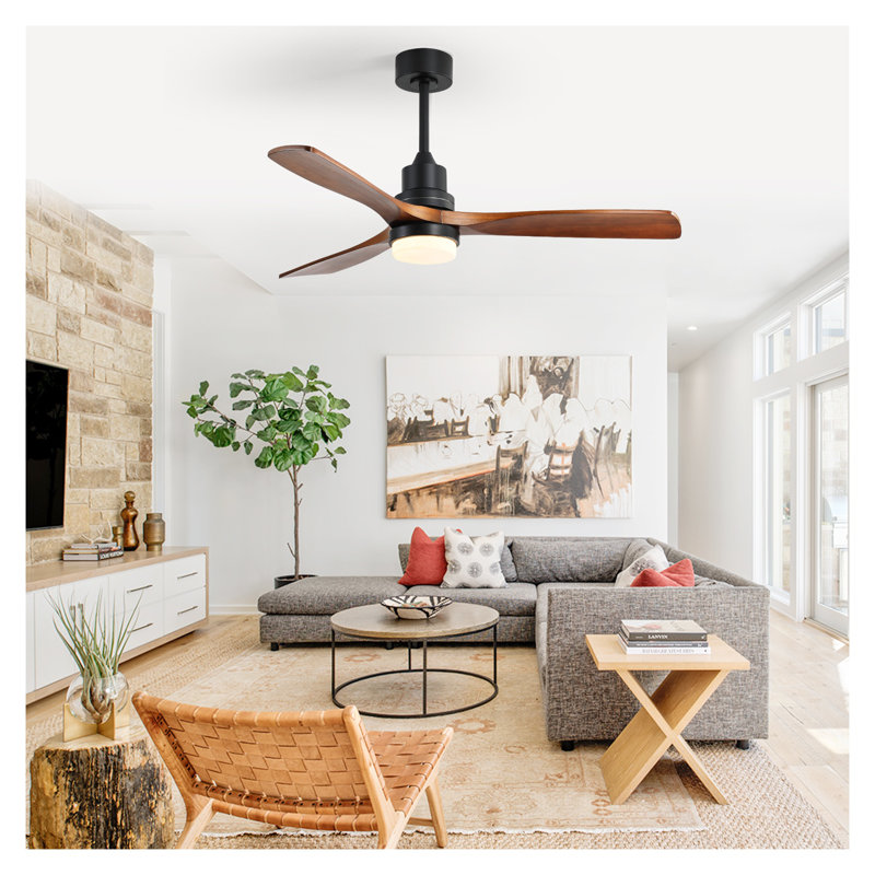 52 Inch Indoor Ceiling Fan with Dimmable LED Light, 3 Solid Wood Blades, Remote Control Reversible DC Motor - Matte Black for Living Room