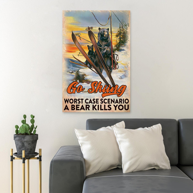 «Bears Skiing On Snow - Go Skiing», reproduction d'art graphique sur toile tendue, H 36 po x l 24 po x P 2 po