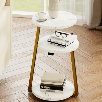 Petite table d'appoint ronde à 3 niveaux en or blanc, extrémité en métal idéale pour organiser des livres et des magazines, cadre compact polyvalent à tablettes ouvertes, rangement de plantes, assemblage facile
