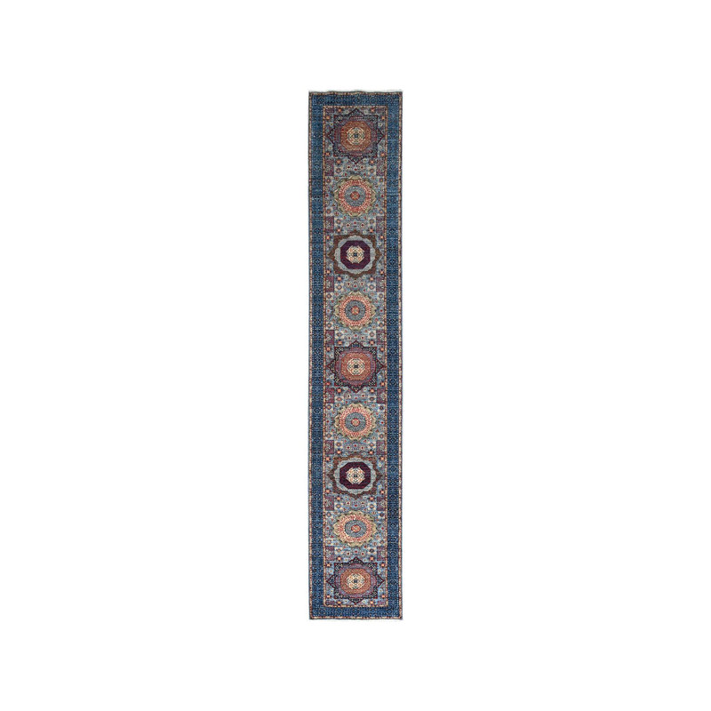 Tapis de couloir oriental bleu en laine noué à la main 2 pi 8 po x 15 pi 4 po 156F0DE5C8494B1B8C78CD54C0A77E72
