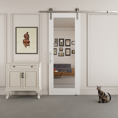 80'' Glass Mirrored Solid Manufactured Wood Primed Sliding Barn Door With Nickel-Plated Hardware Kit(No Assembly Required)