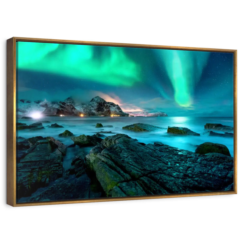 Superbe aurore boréale des Lofoten, Cadre flottant doré, 31" X 21"