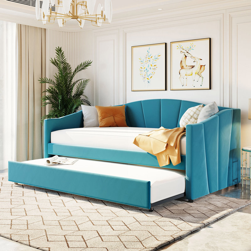 Kacy Upholstered Daybed with Trundle, Sofa Bed, Blue, Twin