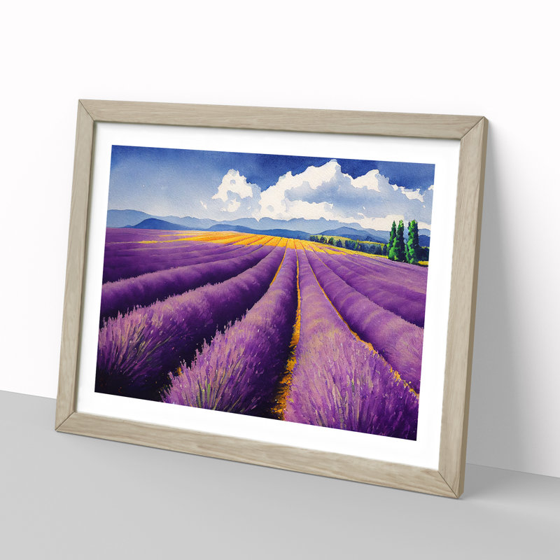 Watercolour Lavender Field Vol.6 - Single Picture Frame Print, 25cm H x 34cm W x 2cm D, Oak