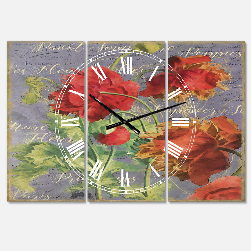 Horloge murale à 3 panneaux Red Poppies - Large Cottage