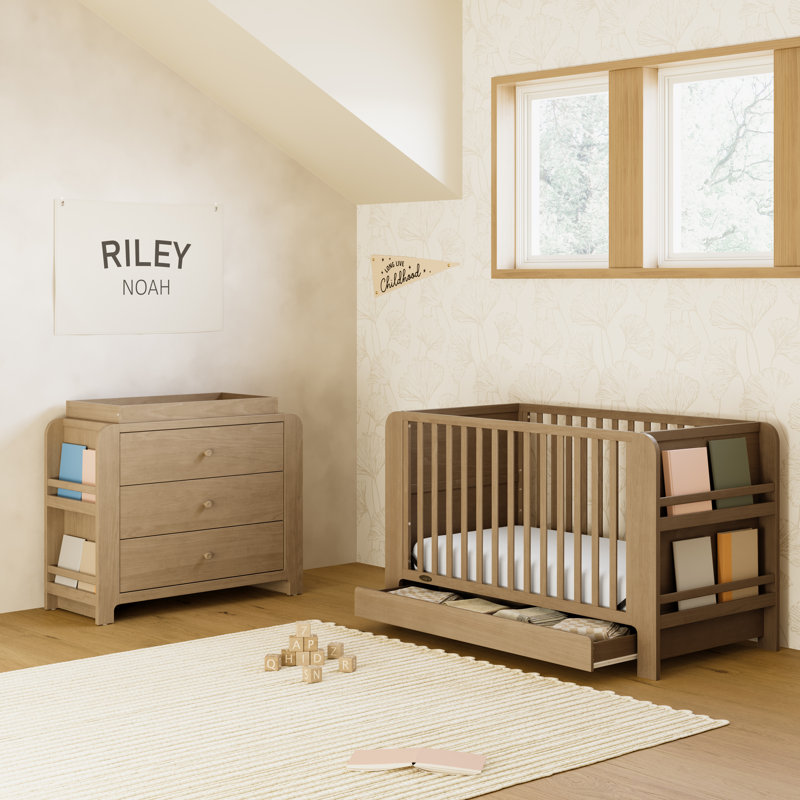 Lit de bébé convertible 4-en-1 avec tiroir Read-With-Me, Bois flotté, Lit à barreaux