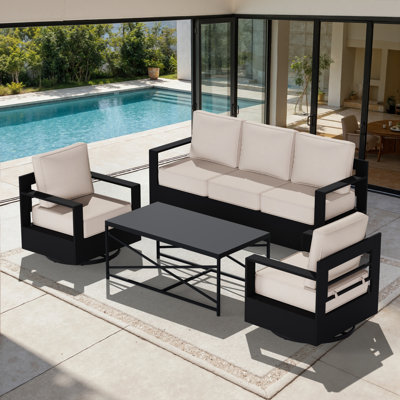 4-Piece Modern Aluminum Outdoor Patio Furniture Set Swivel Chairs with Beige Cushions and Coffee Table by Latitude Run
