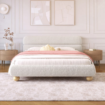 Contemporary Low Profile Upholstered Bed With Teddy Fleece Fabric And Solid Round Legs Stylish Curve-Shaped Design For Bedroom