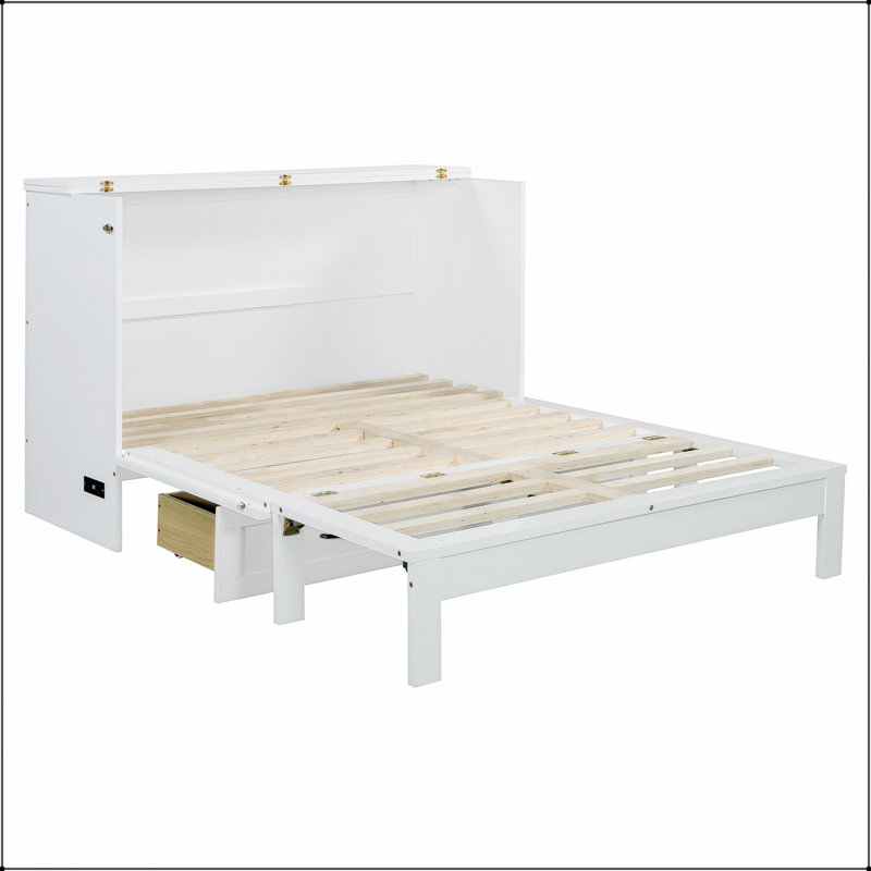 Lit escamotable double avec grands tiroirs, peu encombrant et élégant pour la vie moderne, Lit double, Blanc