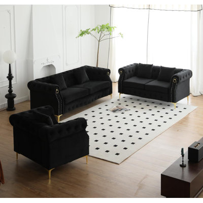 Upholstered 3 Piece Living Room Set With Metal Legs