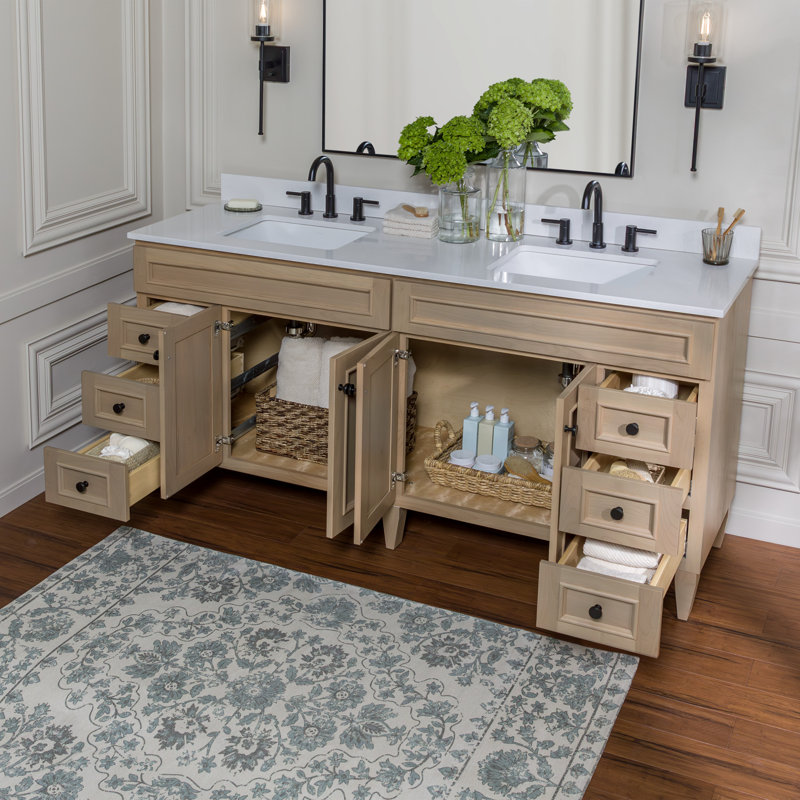 Meuble-lavabo double 73 po avec plateau en quartz blanc Braetyn, 73"