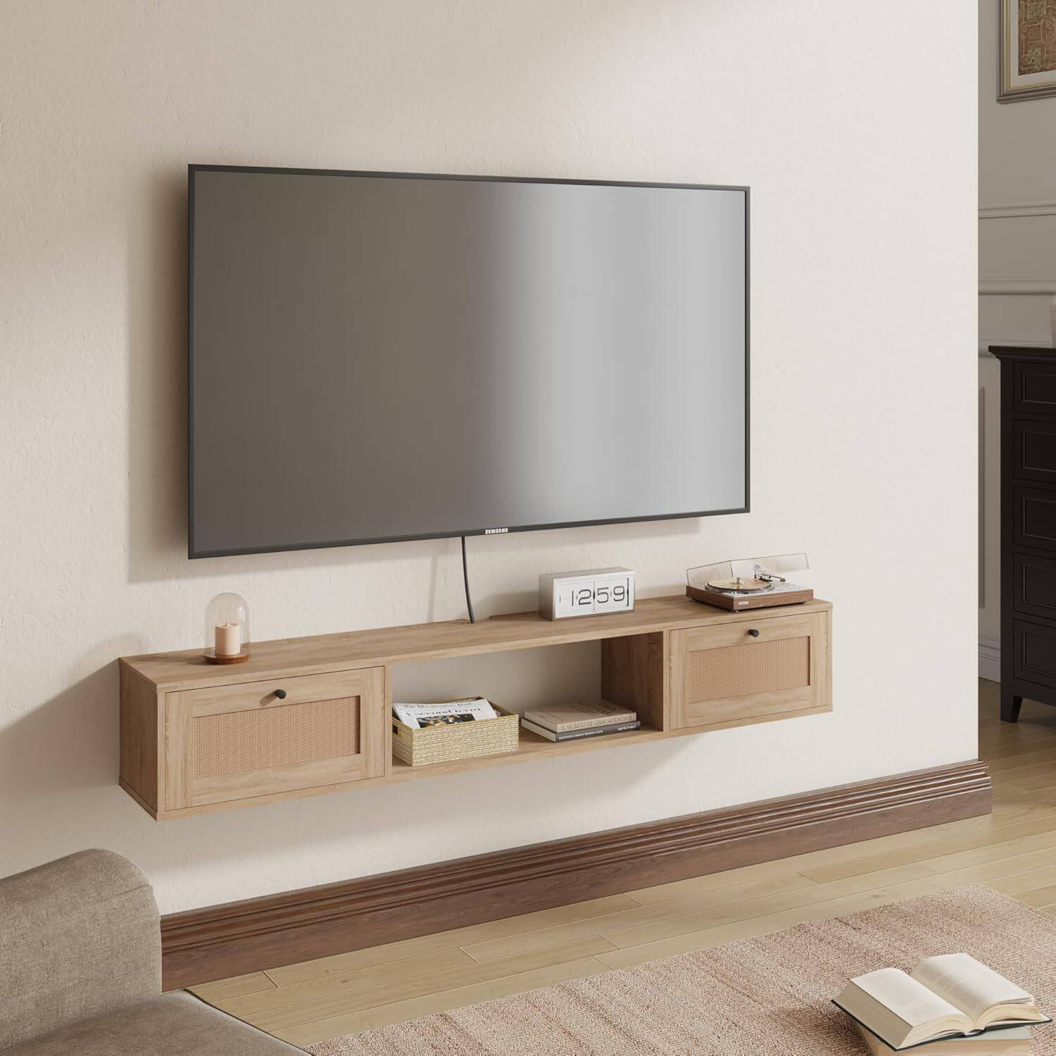 Bay Isle Home™ 57-Inch Modern Rattan Floating TV Stand for TVs up to 80 ...