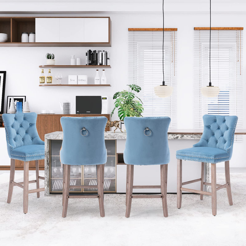 Tabouret de bar rembourré en velours avec dossier capitonné, 4, Naturel, Bleu clair