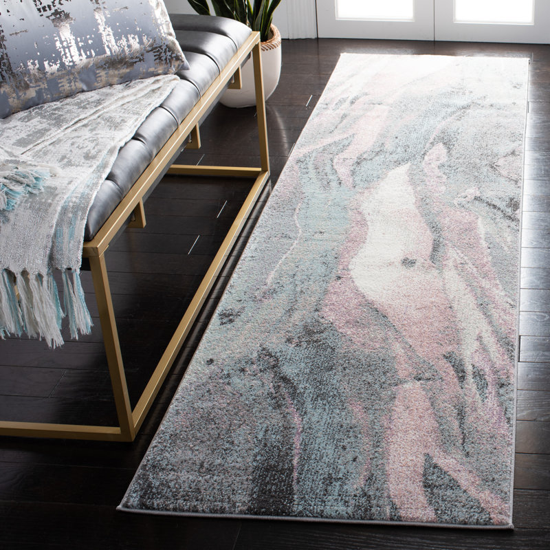 Tapis rose / bleu à motif abstrait Nashota, Tapis de couloir 2 pi 3 po x 8 pi