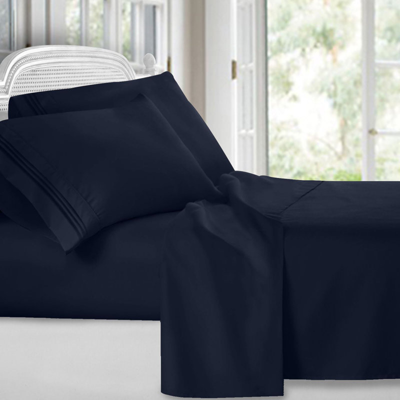 Ensemble de literie en microfibre 1800 Series, Ensemble de draps pour lit simple avec 1 taie d'or, Bleu marine