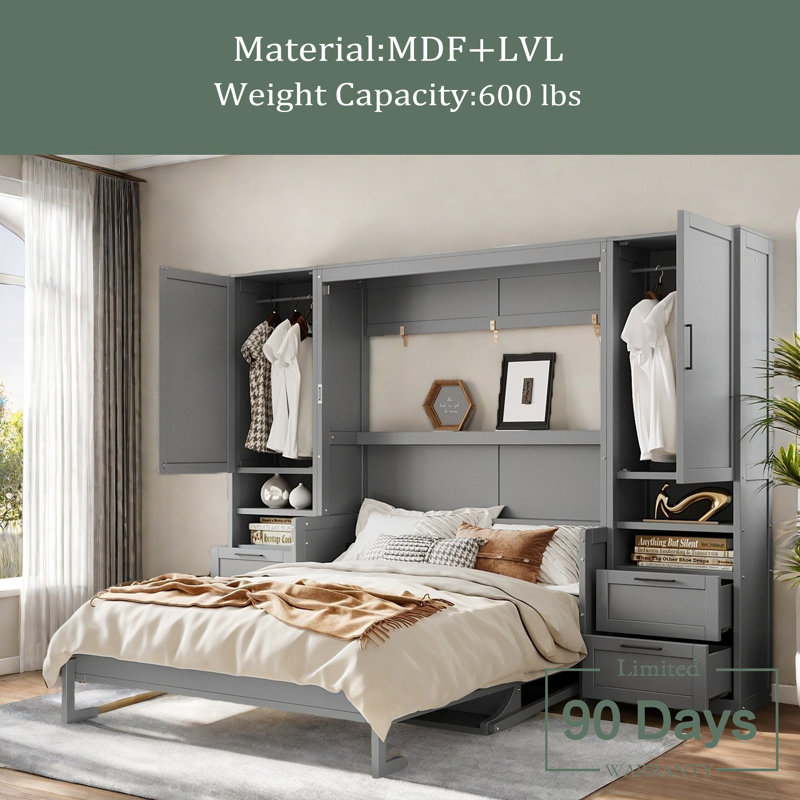 Grand lit escamotable mural avec placard, tiroirs et tablettes, Gris