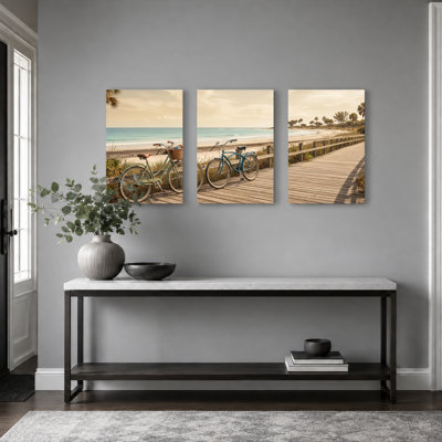 Beach Bikes Art Canvas Wrapped Wall Art Oil Painting Print Set Of 3 For Living Room Bedroom Home Decor