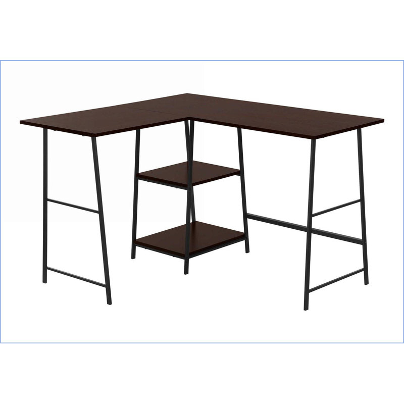 Bureaux, bureau d'ordinateur en L industriel avec tablettes de rangement, L 48 po, stratifié espresso | Métal noir