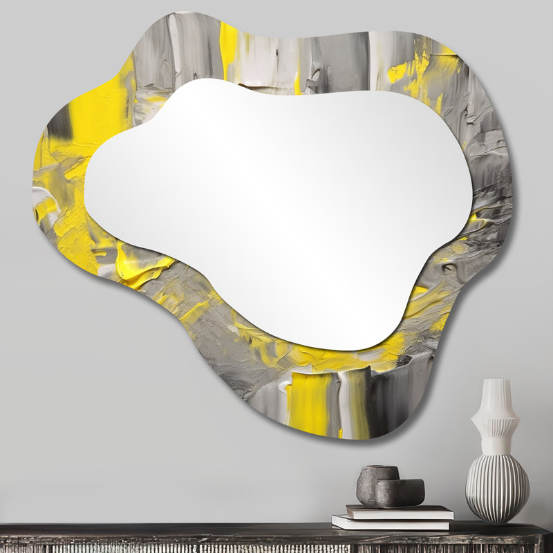 Mustard Yellow And Vivid Gray IV - Abstract Asymmetrical Wall Mirror, Yellow Cloud Decorative Mirror, Printed Metal Art