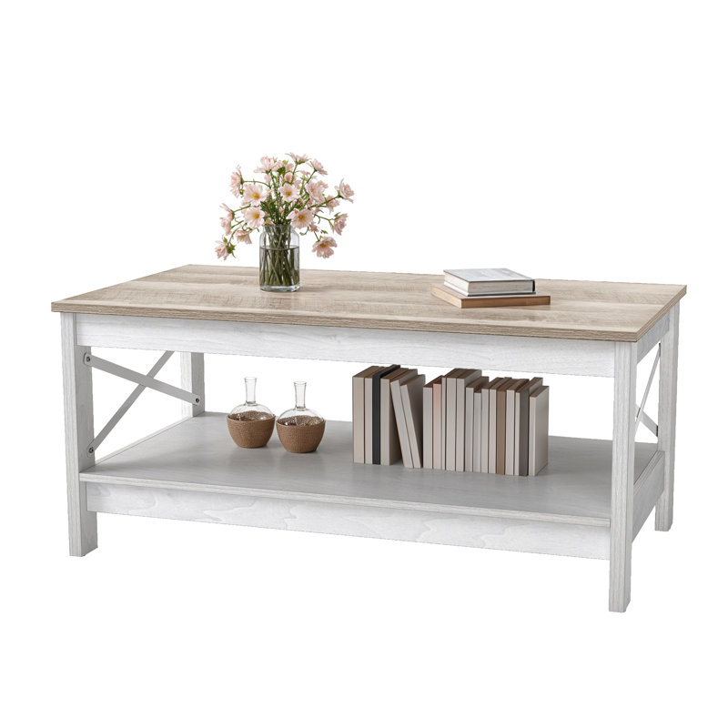 39.3"W Rectangle Simple Coffee Table with Bottom Shelf, X-Framed Support, Medium Yellow Wood, White