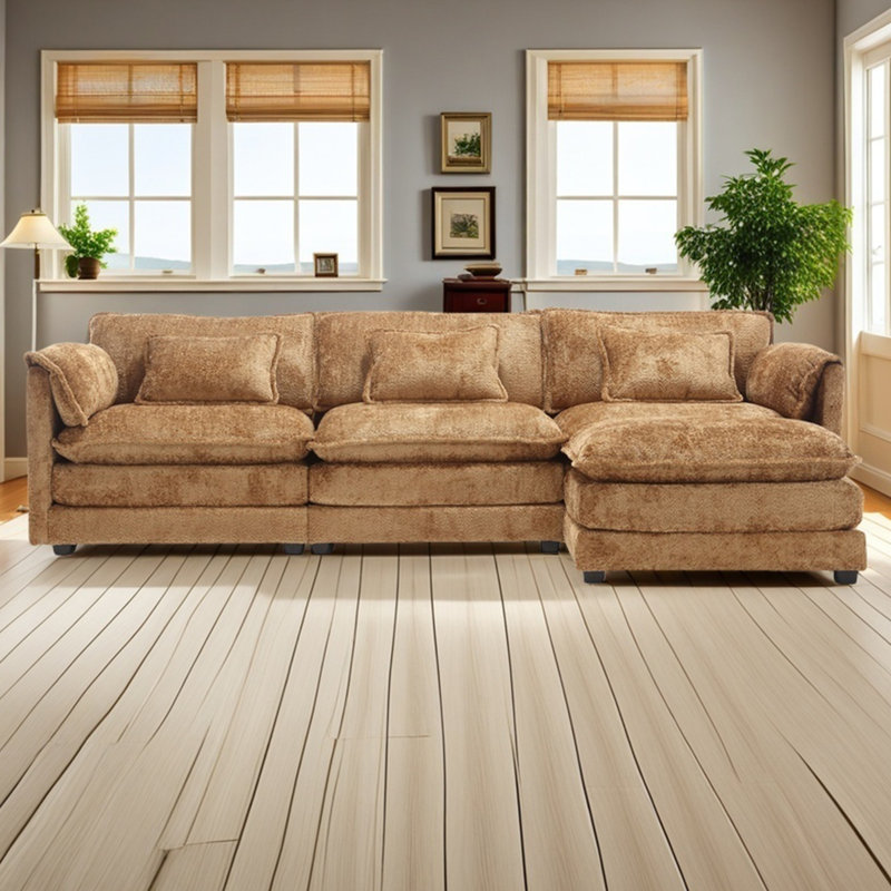 Modern Large Boucle Fabric L-Shape Sectional Chenille Fabric, Movable Pedals, Detachable Armrests, Oversized Three-Seat Sofa