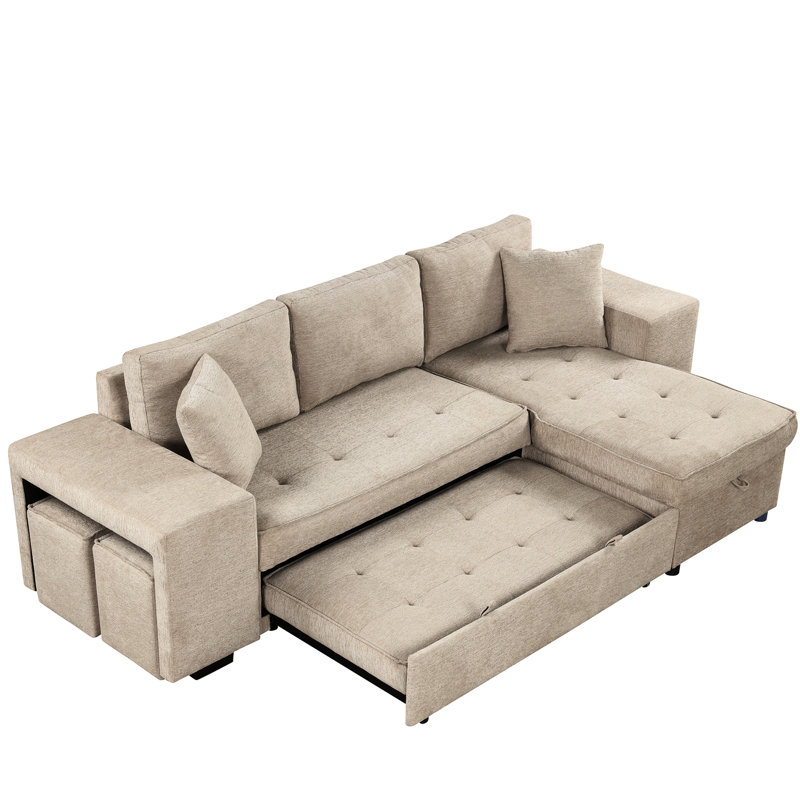 Canapé d'angle 3 places en forme de L couleur crème avec option lit, 2 tabourets et méridienne avec rangement pour salon moderne.