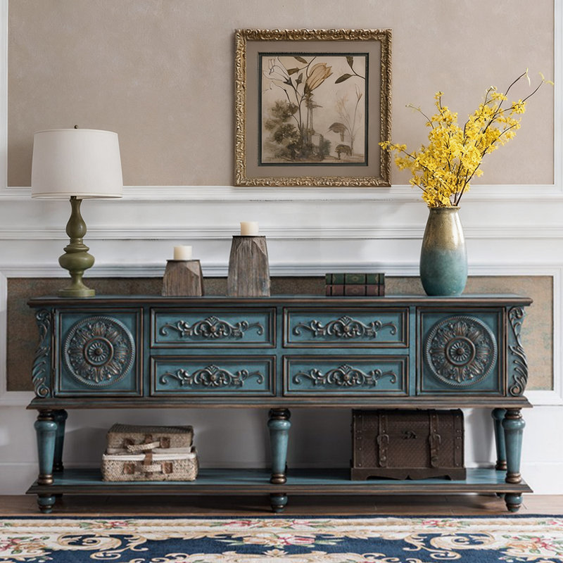 Console de style européen de luxe rétro, Bleu, H 33,1 po x l 78,7 po x P 15,7 po