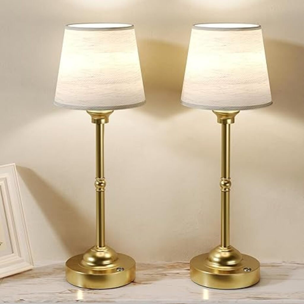 2 Pack Cordless Table Lamps, Fabric Desk Lamp with Stepless Dimming , 6000mAh USB-C Rechargeable Battery
