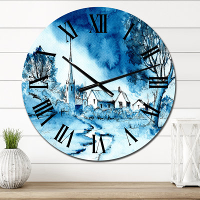 Paysage dans les tons bleus d'une petite ville - horloge murale coloniale