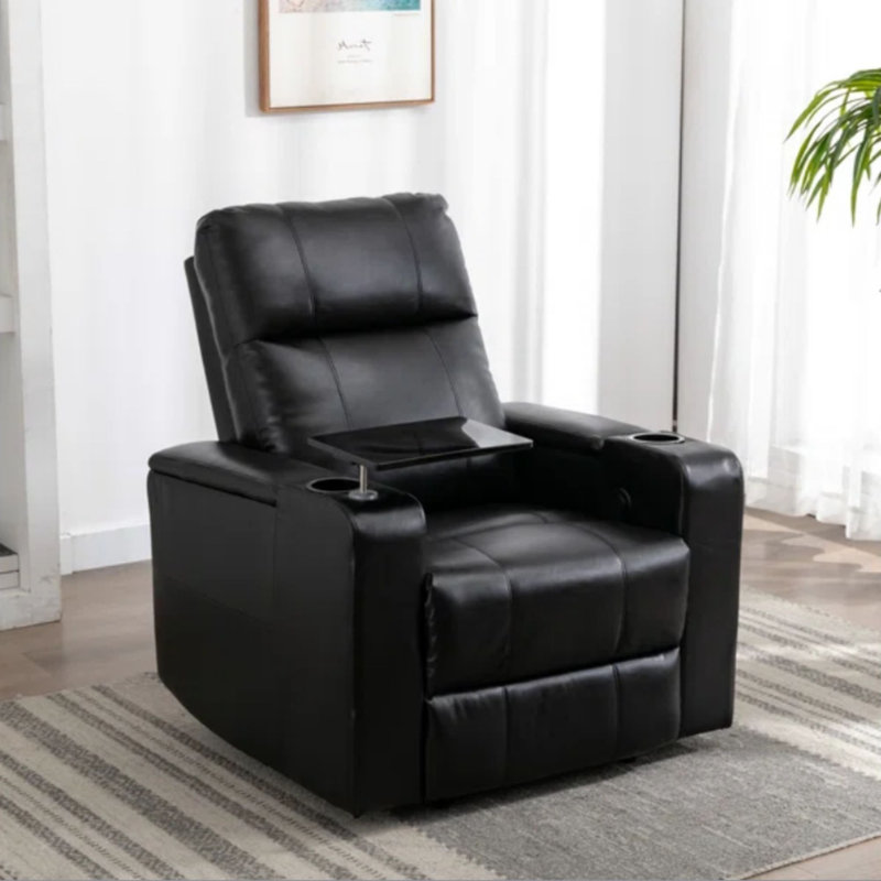 Ryun 33.1'' Wide Breathable Leather Power Recliner with Arm Table and Cup Holder, Gray Performance Faux Leather