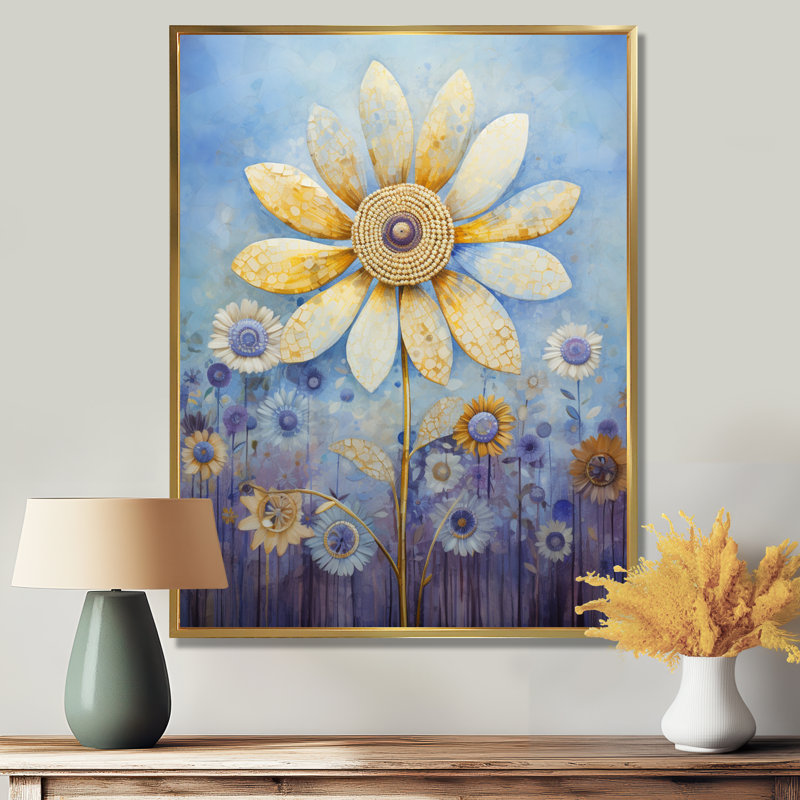 Marguerite jaune sur fond d'aquarelle bleue - marguerite, H 20 po x l 12 po, Cadre flottant doré, bois massif