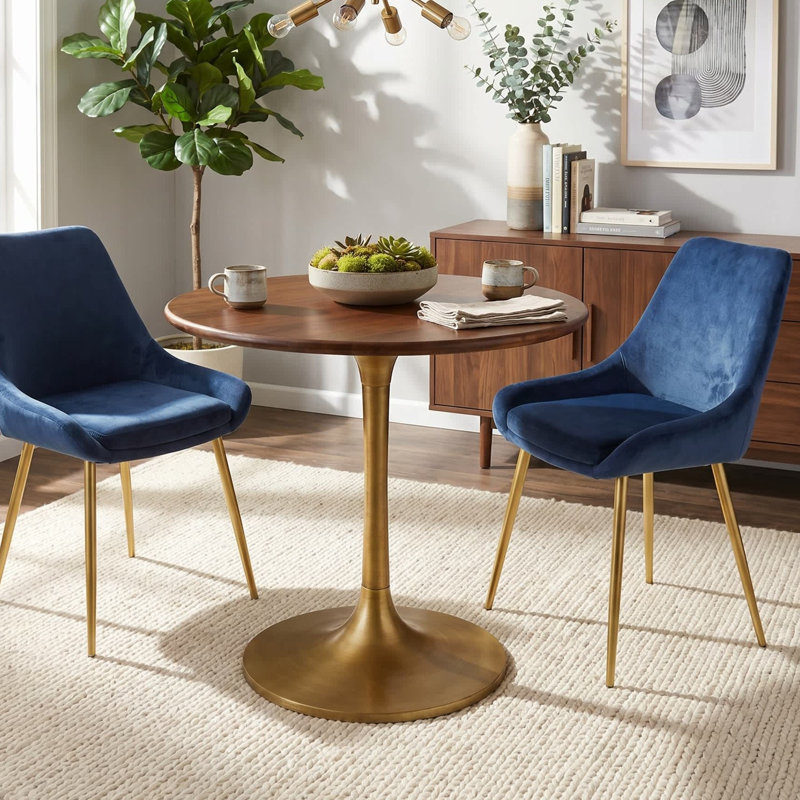 Modern Brown 30-Inch Round Dining Table with Space-Saving Pedestal Base, Antique Gold, 30" W x 30" L