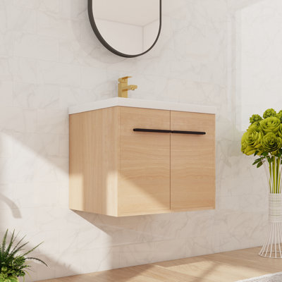 24" Single Floating Bathroom Vanity With Resin Basin Sink Top, Wall Mounted Bathroom Vanity With 2 Doors