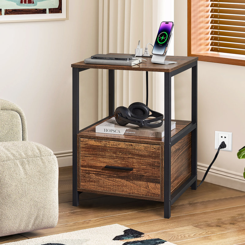 Table de bout à 1 tiroir avec prises intégrées et ports USB