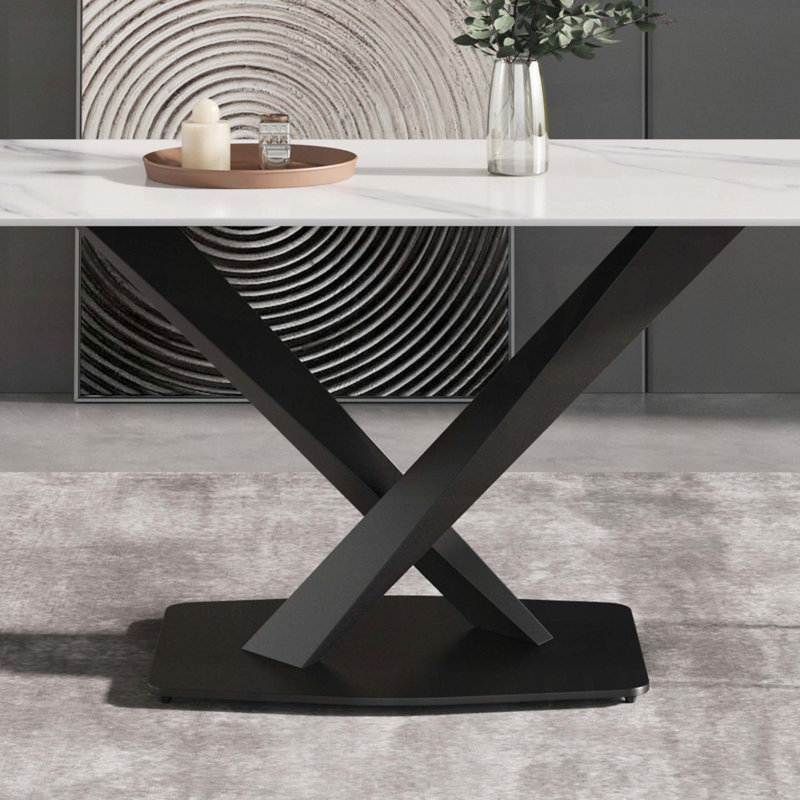 Table de salle à manger de 63 po en pierre frittée avec pieds en X - Blanc, H 29,53 po x l 63 po x P 31,5 po, Blanc