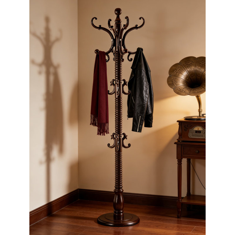 Solid Wood Freestanding Coat Rack With 14 Hooks - Heavy Duty Vintage Style Standing Coat Tree For Entryway, Office, Or Corner, Round Base Design