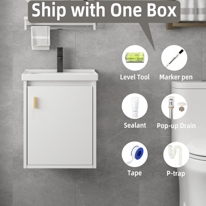 16 Inch Bathroom Vanity with Sink Combo, Wall Mounted Small Bathroom Vanity with Soft-Close Door Modern Floating Cabinet, Pop-up Drain, P-Trap Included,(No Faucet)