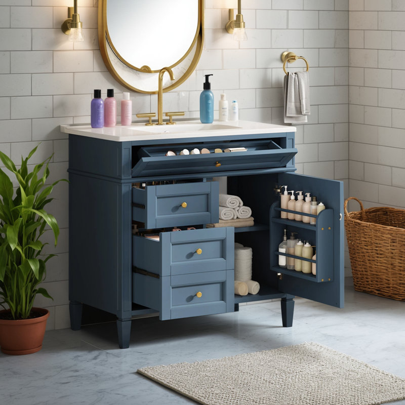 This Single Sink Bathroom Vanity With Overhead Sink Is Paired With A Modern Storage Cabinet With 2 Regular Drawers And 1 Pull-Out Drawer, Which Makes Efficient Use Of Space And Cleverly Combines Practicality And Beauty.