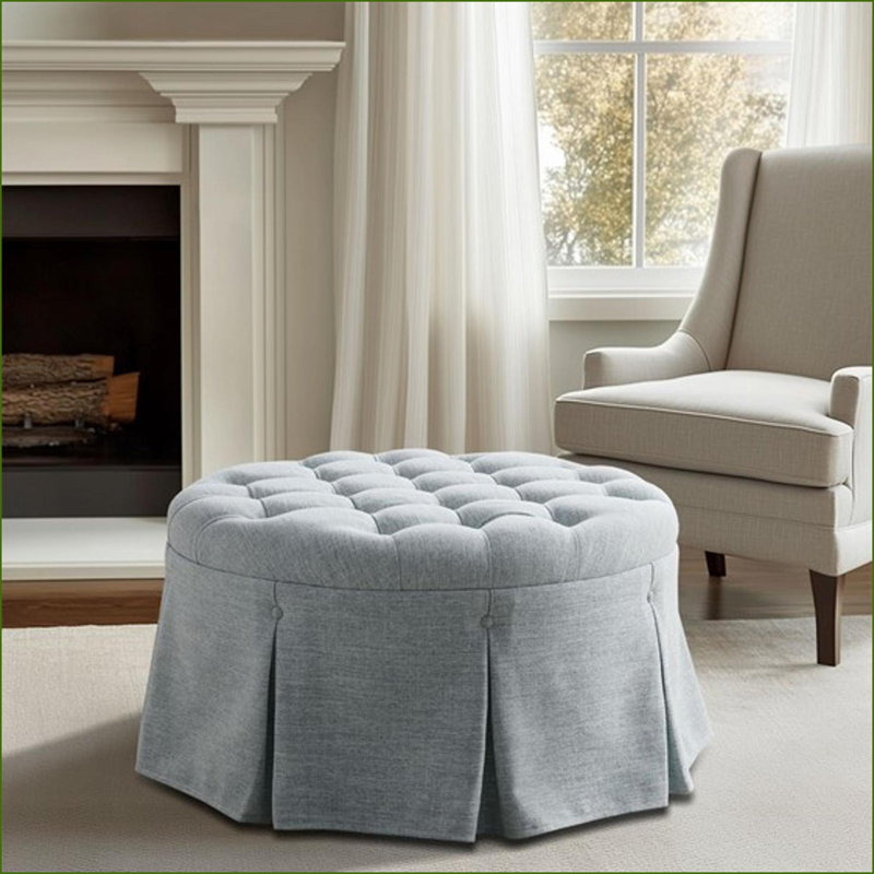 Ottoman 32" Round Tufted Skirted Cocktail with Black Noir Legs | Upholstered | Charcoal Gray