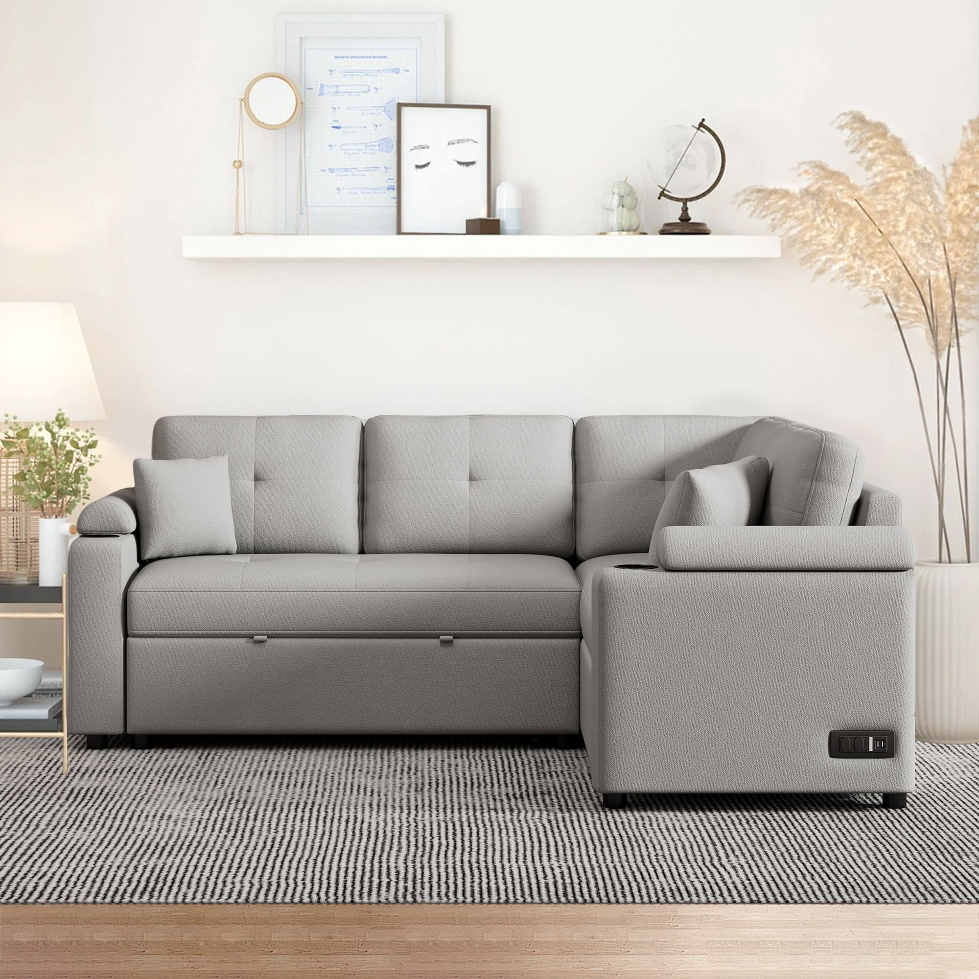 Canapé Moderne 4 Places En Tissu Lin - Avec Ports USB Et 2 Porte Gobelets Gris Clair 94042109
