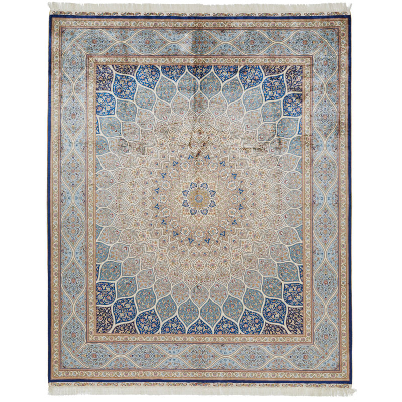 8x10 Beige and Blue Turkish Silk Rug