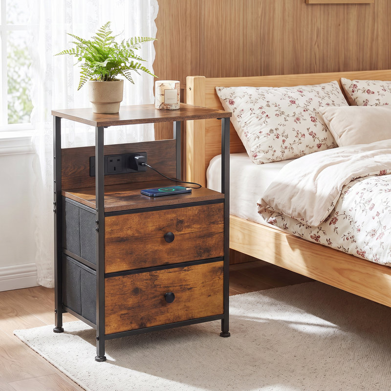 39 cm W Steel Bedside Table, Rustic Brown