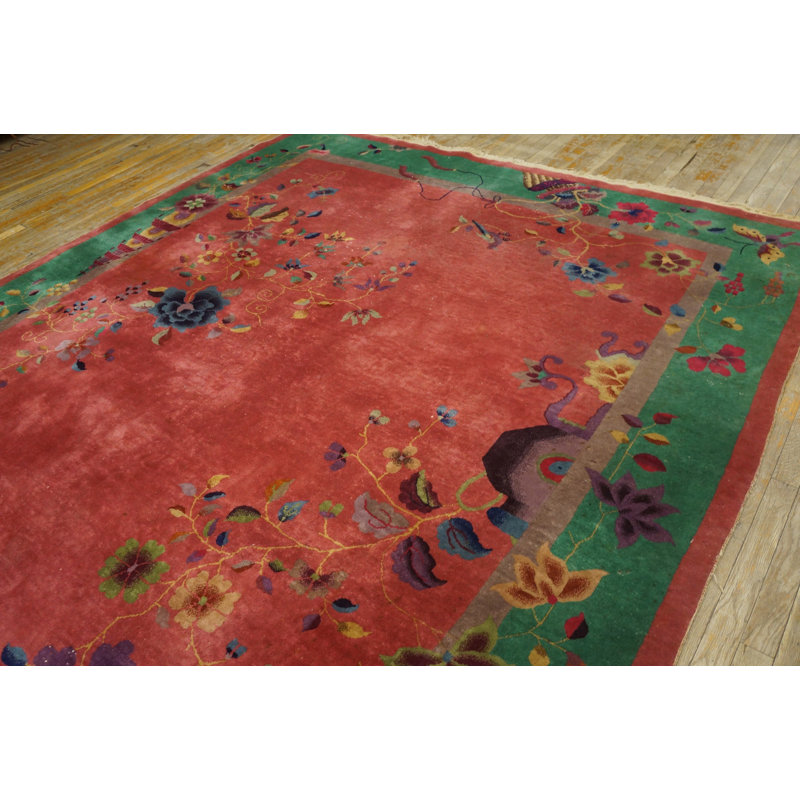 Coral / Salmon Pink Rectangle Hand Knotted Pile 1920s Wool Antique Rug