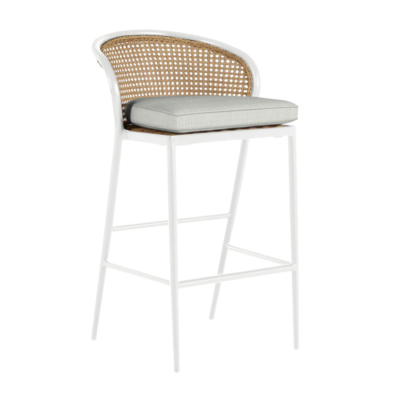 Havana 29.75" Patio Bar Stool with Cushion, Welt, Chalk/Natural Cane, Intermix Indigo