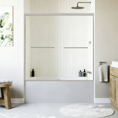 56"-60" W x 58" H Double Sliding Bathtub Shower Door, Semi-Frameless Bypass Tub Door, 1/4"(6mm) Tempered Glass Explosion-Proof Film, Adjustable Aluminum Alloy Frame, Brushed