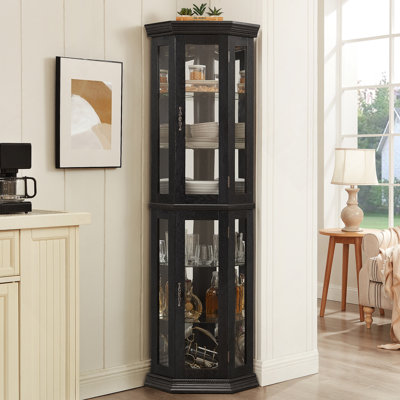 Lighted Corner Curio Cabinet - Glass Display Shelf with Tempered Glass Doors, Adjustable Shelving, and Included Bead Bulb - Ideal Bar Cabinet for Home